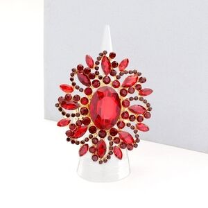 Red Oval Cluster Leaf Stretch Statement Rhinestone Crystal Ring Finger